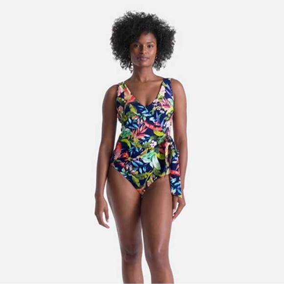 Lands' End NWT Tropical Floral Side Tie Wrap One Piece Swimsuit 8 Blue Multi - Picture 2 of 6